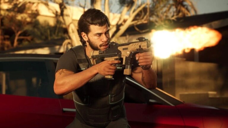 A man shots a gun overtop a car.