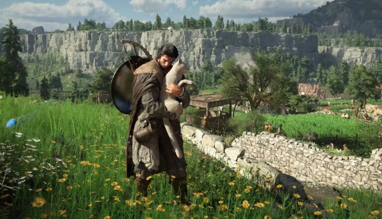 A warrior hugs a cat in a field.