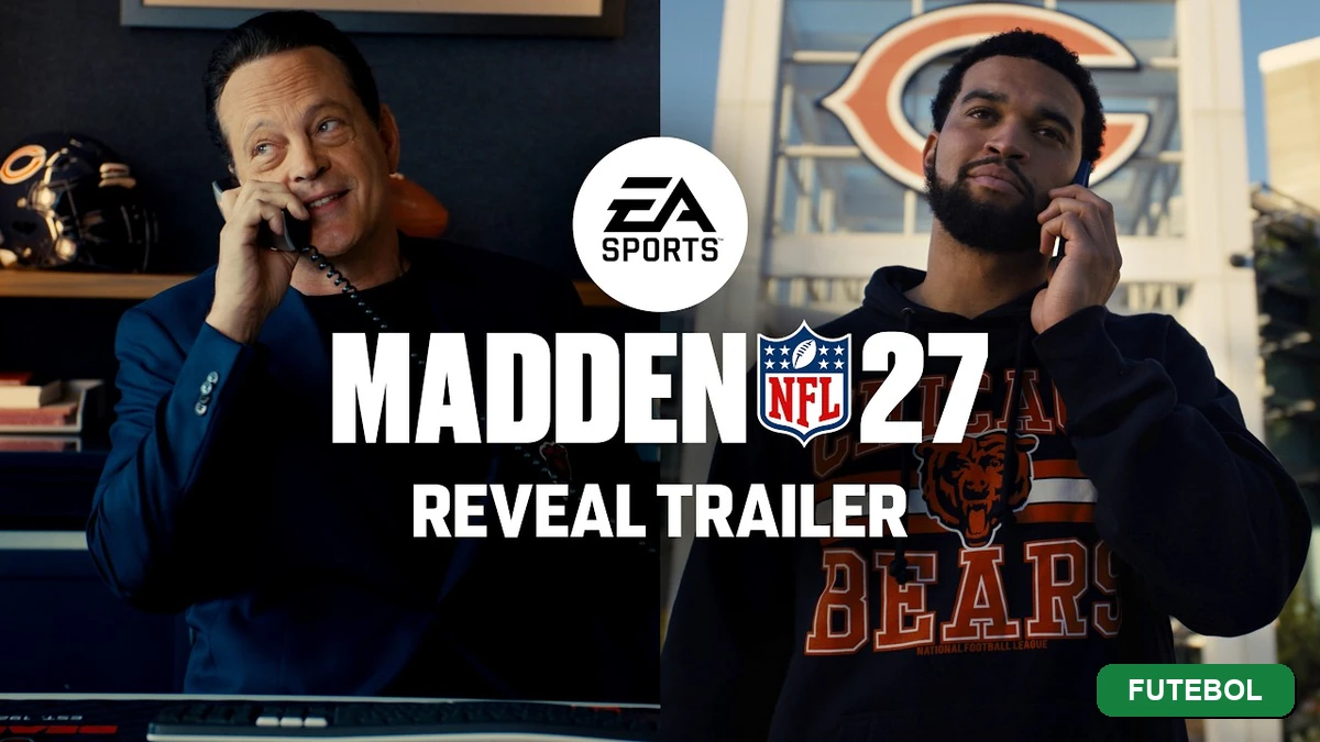 Imagem final com badge da categoria Futebol sobre o lançamento de Madden NFL 27 para PlayStation 5, Xbox Series, PC e Switch 2 em agosto de 2026