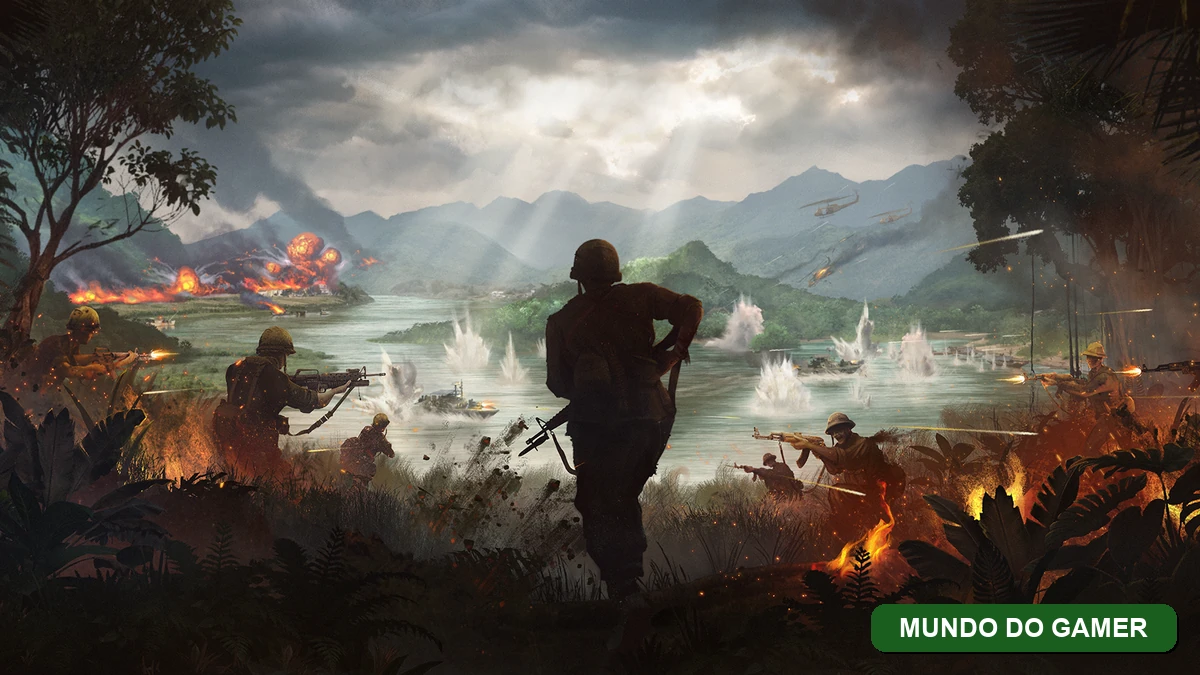 Imagem final com badge da categoria Mundo do Gamer sobre o lançamento de Hell Let Loose Vietnam em 13 de agosto de 2026 com crossplay total entre PC, PlayStation 5 e Xbox Series