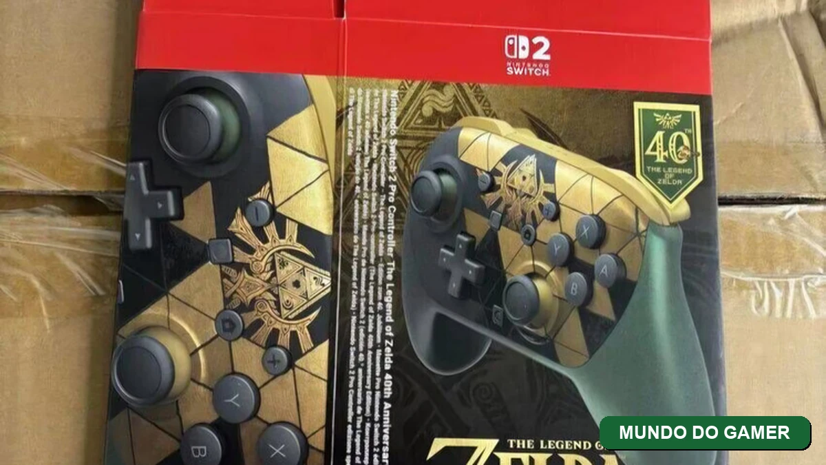 Imagem final com badge da categoria Mundo do Gamer sobre o vazamento do Switch 2 temático dos 40 anos de Zelda em agosto de 2026