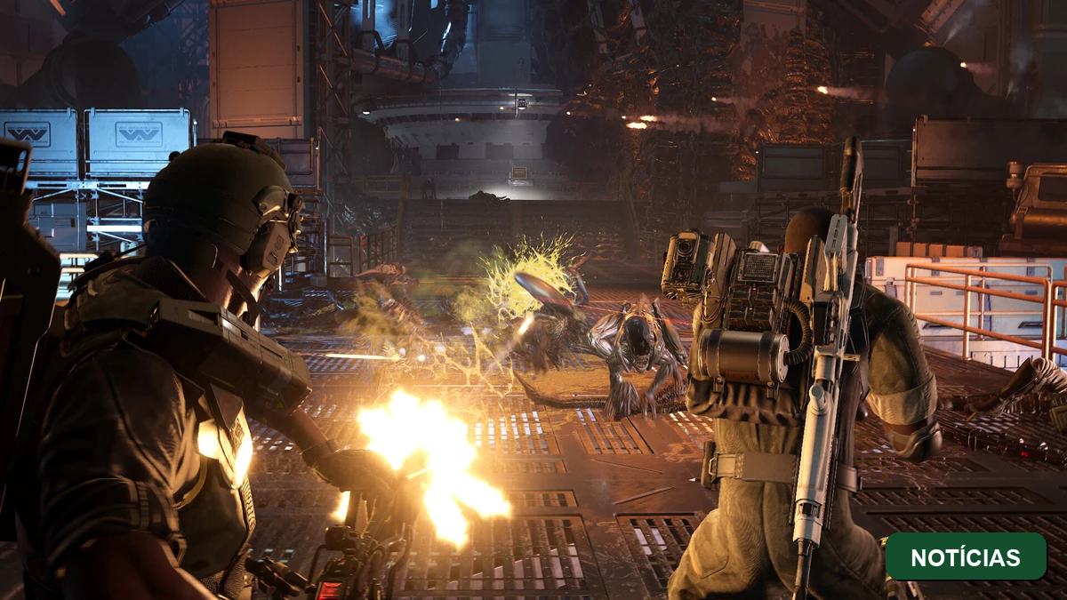 Imagem final com badge da categoria Notícias sobre o lançamento de Aliens Fireteam Elite 2 em 25 de agosto de 2026 com co-op de quatro jogadores e crossplay entre PC, PlayStation 5 e Xbox Series