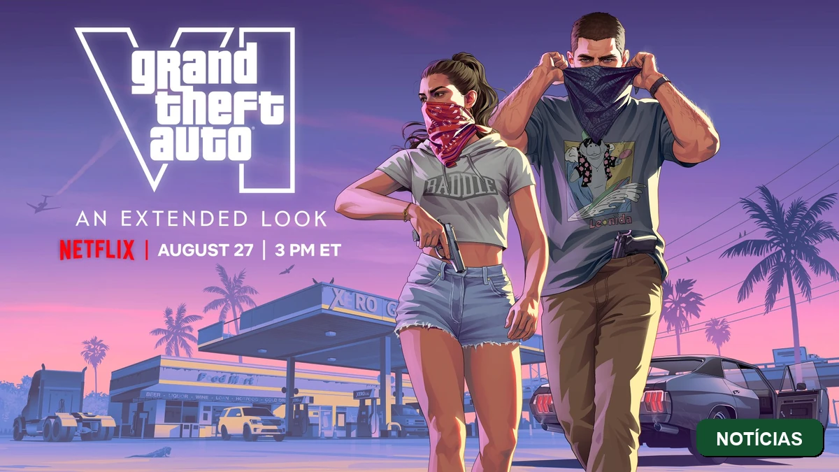 Badge da categoria Noticias com a arte de GTA VI sobre o trailer 3 Um Olhar Estendido que estreia na Netflix em 27 de agosto de 2026