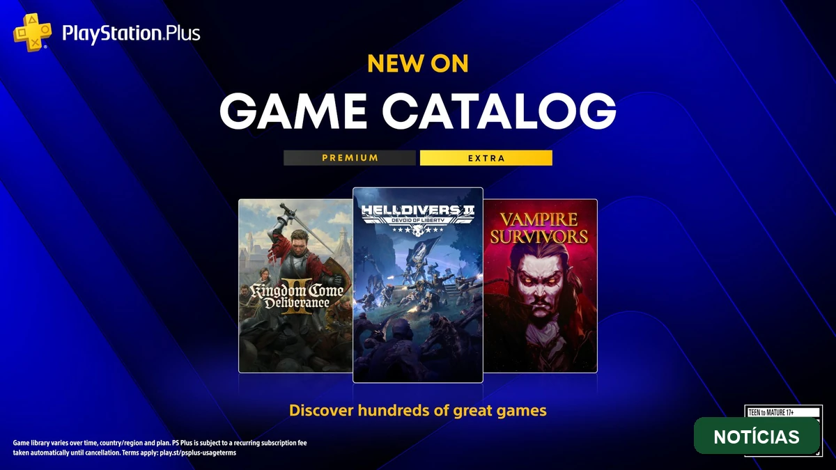 Badge da categoria Noticias com a arte de Helldivers 2, destaque do PlayStation Plus Extra e Deluxe de agosto de 2026