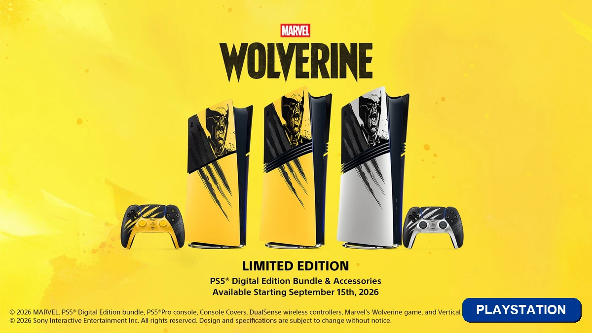 Imagem final com badge da categoria PlayStation sobre o pack de PlayStation 5 Edição Limitada Battle Yellow de Marvel Wolverine com reservas abertas em 19 de agosto de 2026 e jogo lançando em 15 de setembro