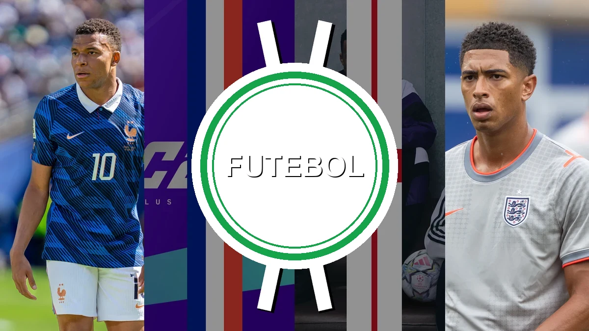 Composição com Kylian Mbappé e Jude Bellingham com as bandeiras da França e da Inglaterra divididas por um X, destacando a capa do EA Sports FC 27