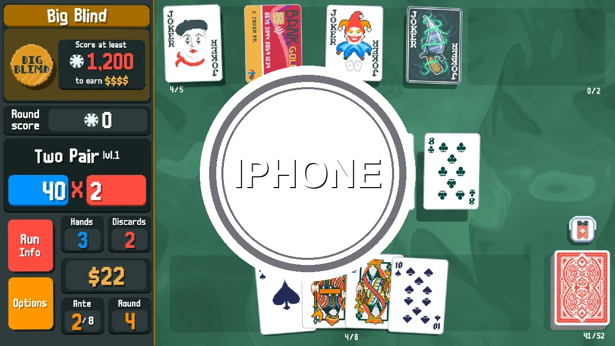 Captura de tela oficial de Balatro mostrando a mesa de cartas com jokers e a interface pixel art do jogo no iPhone
