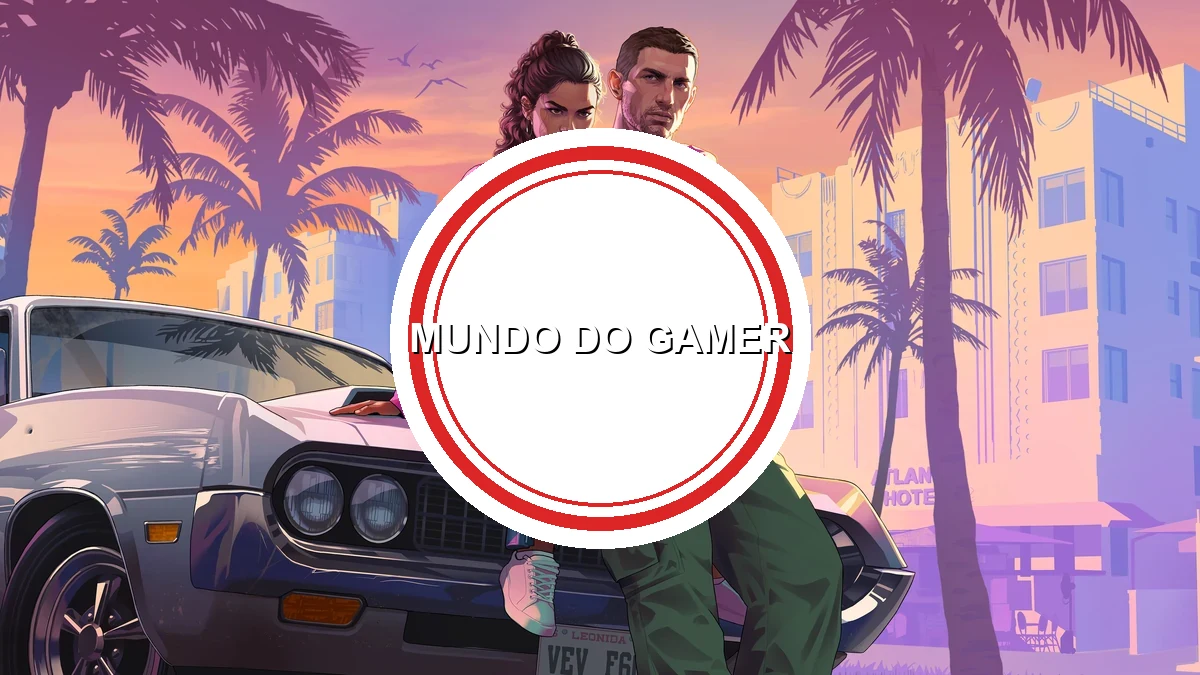 Arte oficial de Grand Theft Auto VI mostrando Jason e Lucia em Vice City, usada no anúncio do trailer estendido de agosto